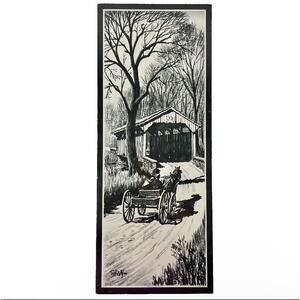 Vintage Litho 1960's Horse Buggy Covered Bridge Print Cork Art Black & White New